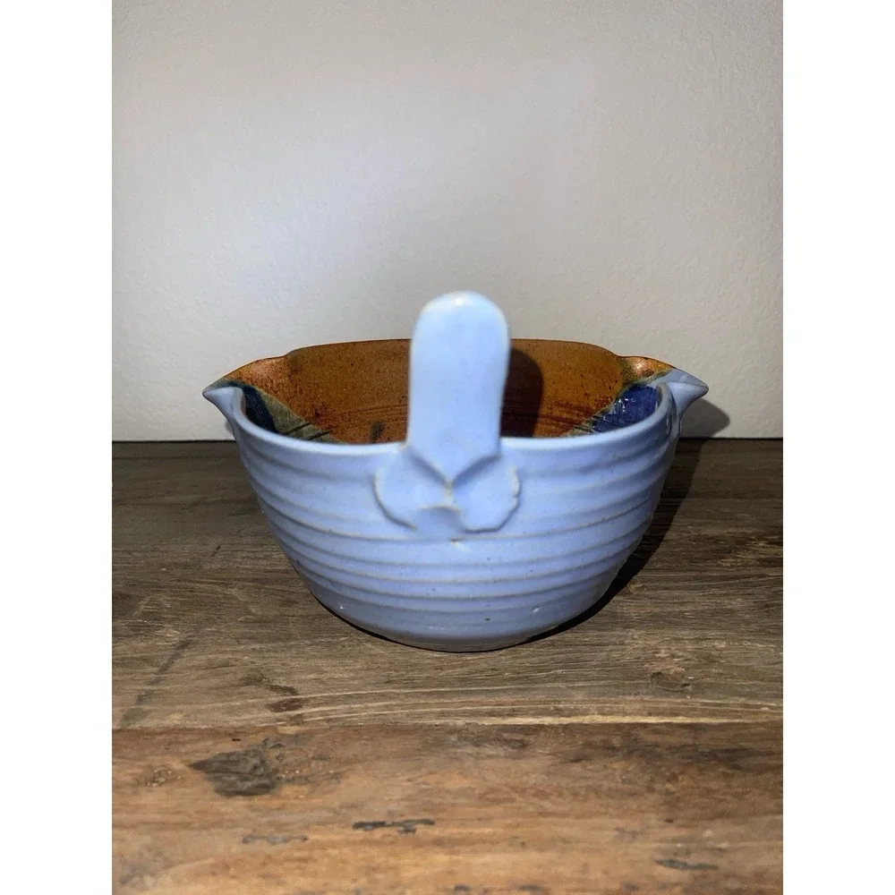 Studio Pottery Hand-Thrown Stoneware Batter Bowl Signed KH Periwinkle Blue